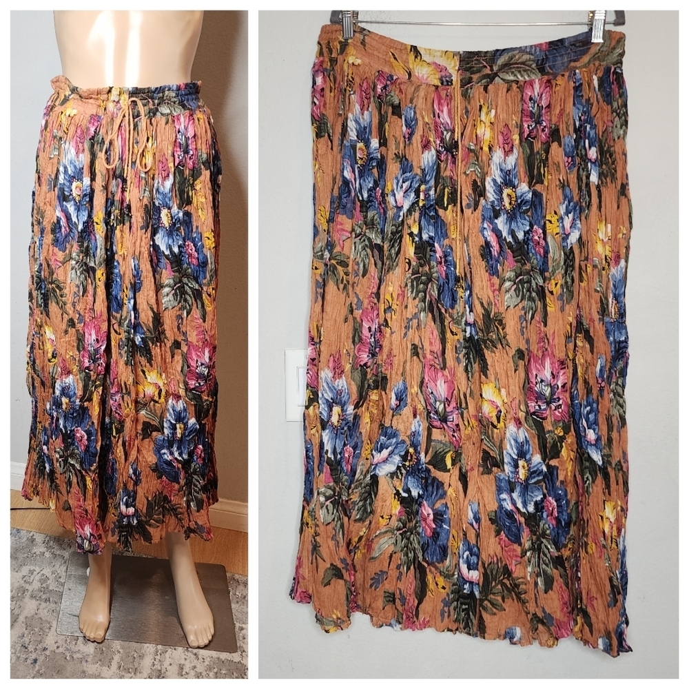 VTG Short Circut Crinkle Cotton Floral Maxi‎ Skirt Free Size stretch drawstring